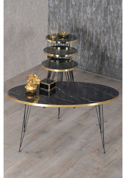 Zigon Sehpa ve Orta Sehpa Elips Set Siyah Ayak Altın Bendir Tel fırsatları