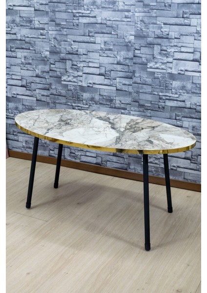 Zigon Sehpa ve Orta Sehpa Elips Siyah Metal Ayak Altın Efes Set