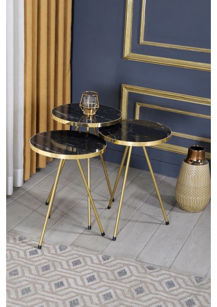 Zigon Sehpa Ve Orta Sehpa Elips Altın Metal Ayak Altın Bendir Set