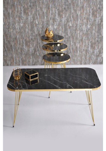 Zigon Sehpa ve Orta Sehpa Kr Set Gold Bendir Tel