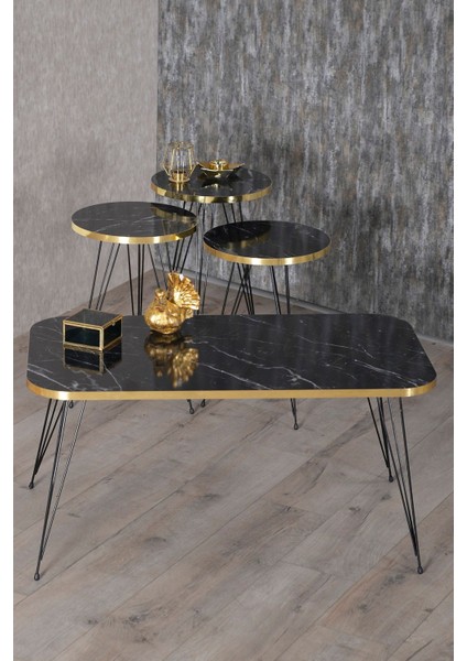 Zigon Sehpa ve Orta Sehpa Kr Set Siyah Ayak Altın Bendir Tel modelleri