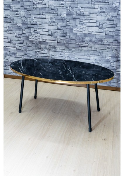 Zigon Sehpa Ve Orta Sehpa Elips Siyah Metal Ayak Altın Bendir Set