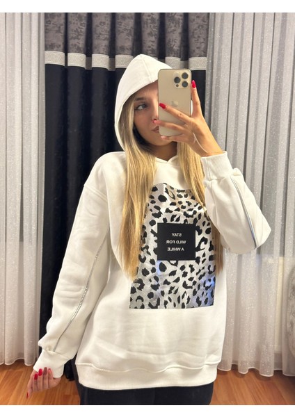 Leopar Detay Kapüşonlü Sweatshirt Beyaz