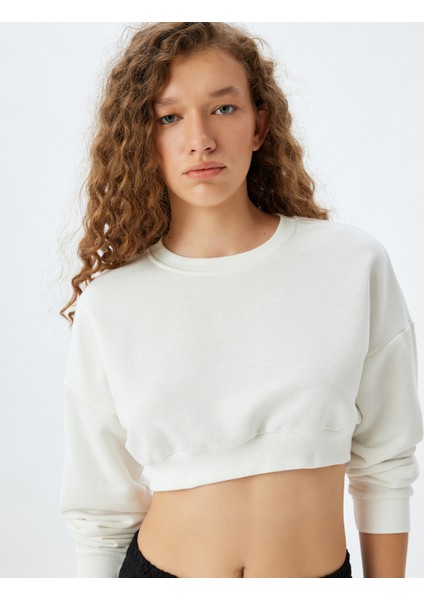 Basic Crop Bisiklet Yaka Uzun Kollu Rahat Kalıp Sweatshirt