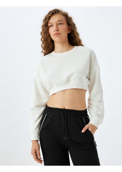 Basic Crop Bisiklet Yaka Uzun Kollu Rahat Kalıp Sweatshirt