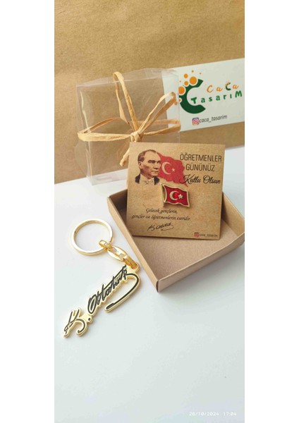 Atatürk Yaka Rozeti ve Atatürk Imzalı Anahtarlık 2'li Set Öğretmenler Günü Hediyelik