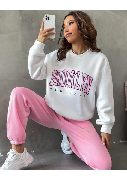 Kadın Bisiklet Yaka Brooklyn Baskılı Üç Iplik Kumaş Sweat