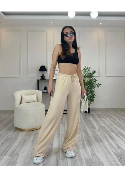 Kadın Gofre Bürümcüklü Tiril Kumaş Orijinal Oversize Kesim Palazzo Pantolon
