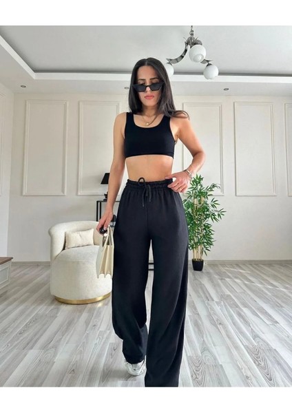 Kadın Gofre Bürümcüklü Tiril Kumaş Orijinal Oversize Kesim Palazzo Pantolon modelleri