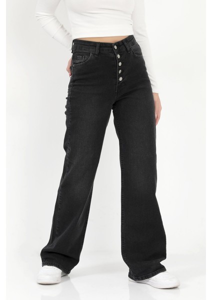 Kadın Palazzo Jean Siyah Likralı Düğmeli Yüksek Bel Pamuklu Kot Pantolon - 607-2472