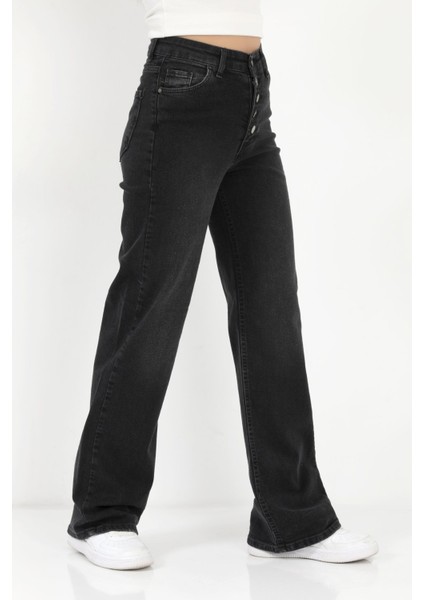 Kadın Palazzo Jean Siyah Likralı Düğmeli Yüksek Bel Pamuklu Kot Pantolon - 607-2472 fiyatları