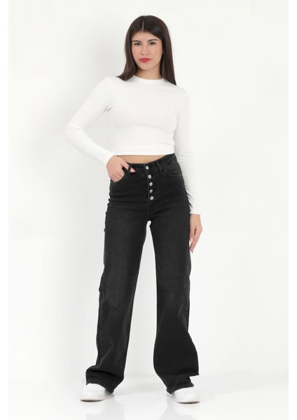 Kadın Palazzo Jean Siyah Likralı Düğmeli Yüksek Bel Pamuklu Kot Pantolon - 607-2472 modelleri