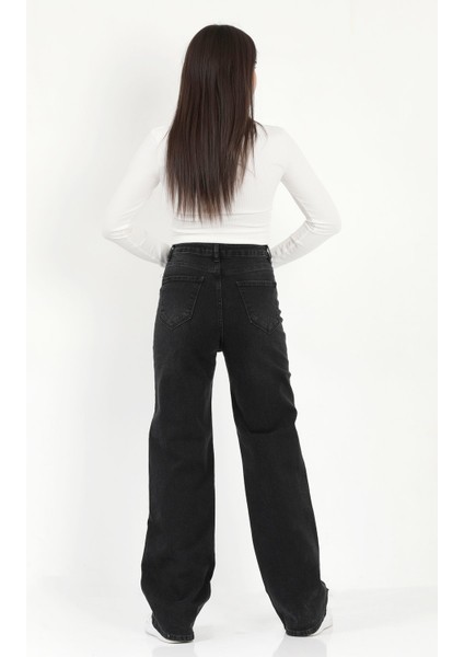 Kadın Palazzo Jean Siyah Likralı Düğmeli Yüksek Bel Pamuklu Kot Pantolon - 607-2472 fırsatları