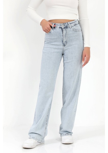 Kadın Straight Fit Jean Buz Mavi Likralı Yüksek Bel Pamuklu - 616-2269