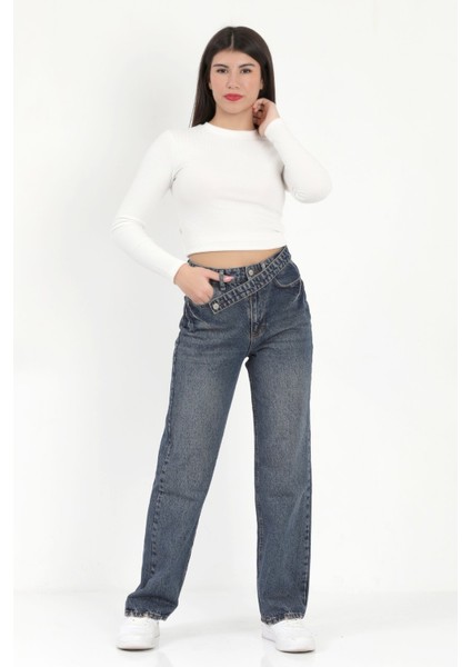 Kadın Straight Fit Jean Mavi Tint Yıkama Kemer Detaylı Yüksek Bel %100 Pamuk - 672-2467