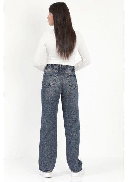 Kadın Straight Fit Jean Mavi Tint Yıkama Kemer Detaylı Yüksek Bel %100 Pamuk - 672-2467