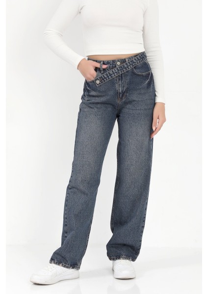 Kadın Straight Fit Jean Mavi Tint Yıkama Kemer Detaylı Yüksek Bel %100 Pamuk - 672-2467