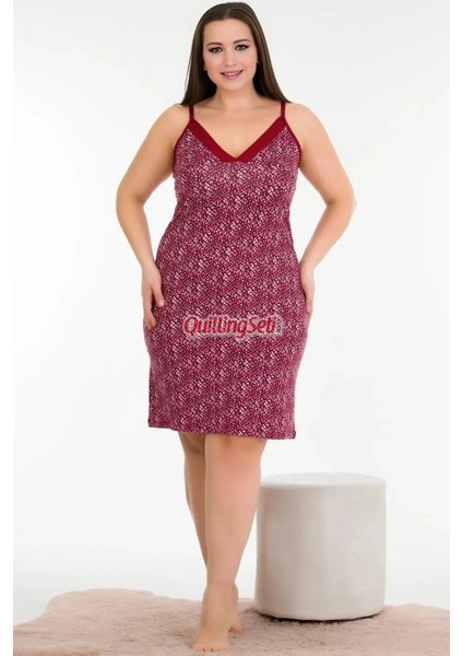 Bordo Renk ve Çiçek Desenli Kadın Askılı Kol Büyük Beden Anne Tunik Gecelik - 8731