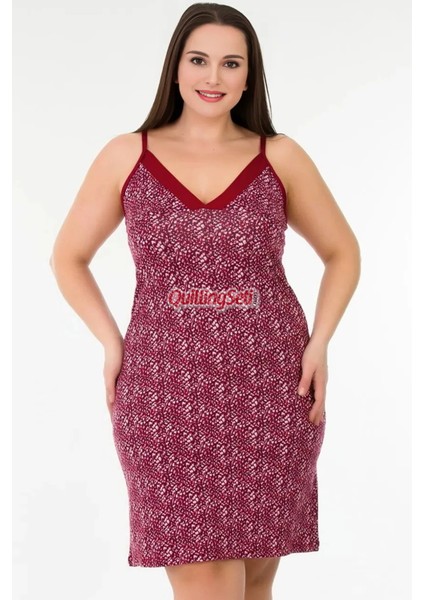Bordo Renk ve Çiçek Desenli Kadın Askılı Kol Büyük Beden Anne Tunik Gecelik - 8731 modelleri