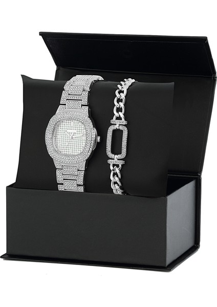 Gri Zirkon Taşlı Kol Saati Bileklik Kombin Set PS2202