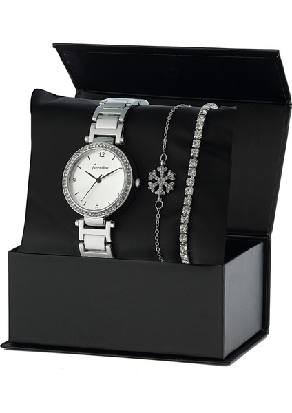 Kadın Gri Kol Saati Kar Tanesi Bileklik Kombin Set PS2227