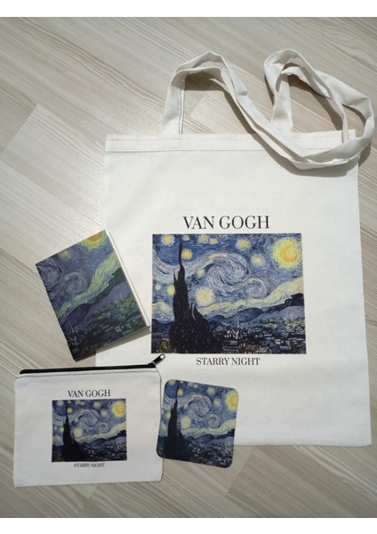 Van Gogh The Starry Night - Yıldızlı Gece Omuz Çantası, Defter, Kalemlik, Bardak Altlığı 4lü Set