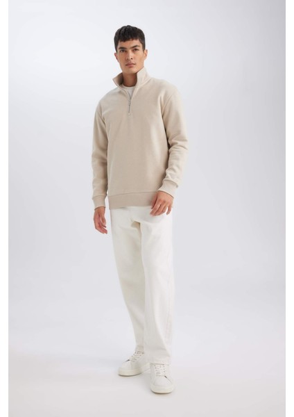 3 İplik Pamuklu Şardonlu İçi Polarlı Comfort Regular Fit Rahat Kalıp Dik Yaka Fermuarlı Kalın Sweatshirt D9067AXNS