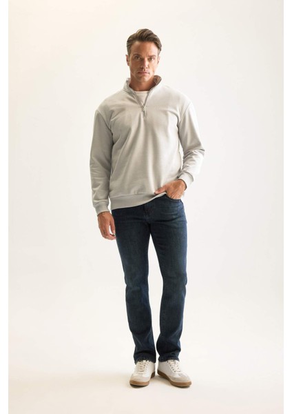 Gri 3 İplik Pamuklu Şardonlu İçi Polarlı Comfort Regular Fit Rahat Kalıp Dik Yaka Fermuarlı Kalın Sweatshirt D9067AXNS