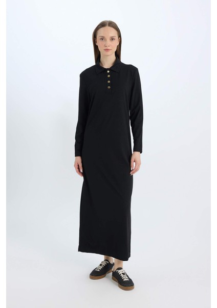 Regular Fit Gömlek Yaka Basic Düz Uzun Kollu Pike Maxi Elbise E1417AX24WN