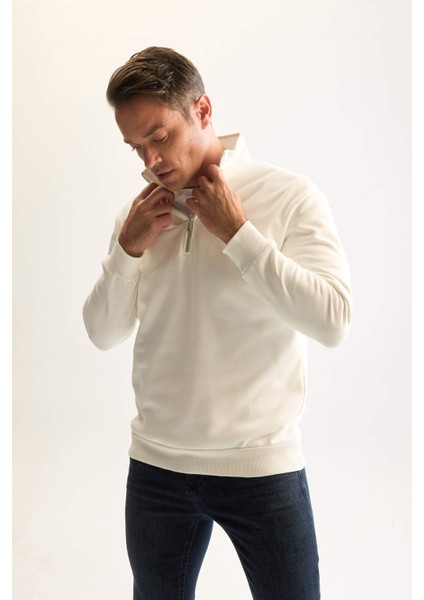 3 İplik Pamuklu Şardonlu İçi Polarlı Comfort Regular Fit Rahat Kalıp Dik Yaka Fermuarlı Kalın Sweatshirt D9067AXNS