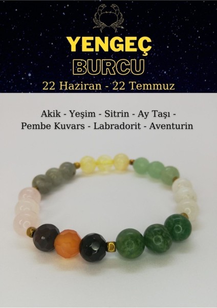 Yengeç Burcu Bilekliği Sitrin, Aytaşı, Yeşim, Aventurin, Pembe Kuvars, Akik, Labradorit