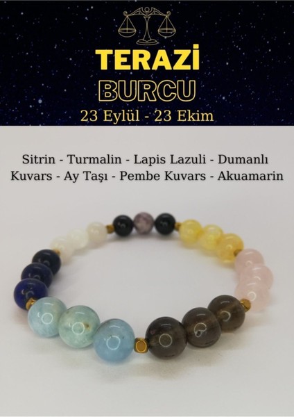 Terazi Burcu Bilekliği Lapislazuli,turmalin, Sitrin, Akuamarin, Pembe Kuvars, Aytaşı, Dumanlı Kuvars