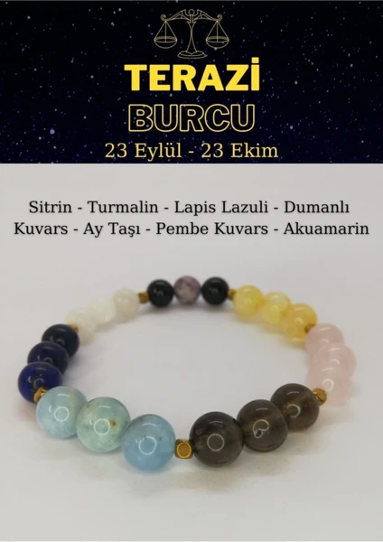 Terazi Burcu Bilekliği Lapislazuli,turmalin, Sitrin, Akuamarin, Pembe Kuvars, Aytaşı, Dumanlı Kuvars