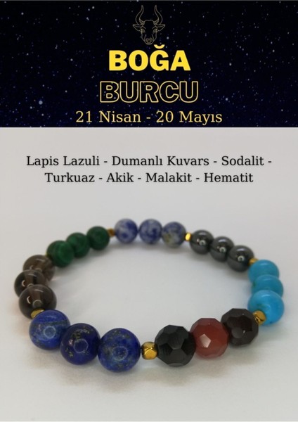 Boğa Burcu Bilekliği Akik, Turkuaz, Hematit, Dumanlı Kuvars, Sodalit, Malakit, Lapis Lazuli