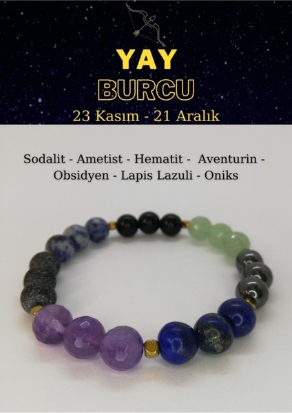 Yay Burcu Bilekliği Ametist, Obsidyen, Hematit, Aventurin, Sodalit, Lapis Lazuli, Oniks