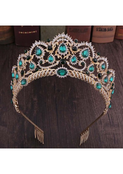 Yeşil Stil Kırmızı Kristal Taçlar Vintage Taşlı Pageant Tacı Saç Taraklı Barok Düğün Takı Aksesuarları (Yurt Dışından)