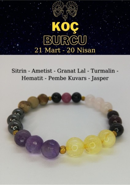 Koç Burcu Bilekliği Ametist, Sitrin, Hematit, Jasper, Pembe Kuvars, Turmalin, Granat Lal