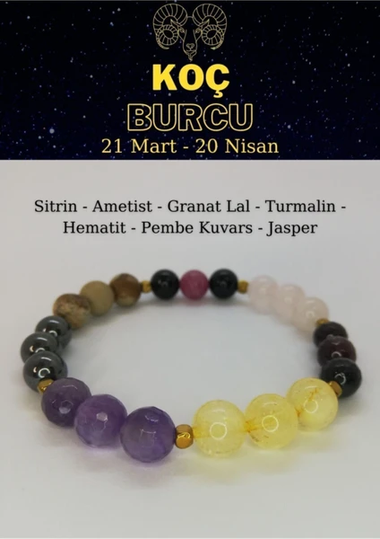 Koç Burcu Bilekliği Ametist, Sitrin, Hematit, Jasper, Pembe Kuvars, Turmalin, Granat Lal