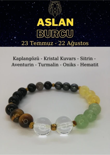 Aslan Burcu Bilekliği Kaplangözü, Sitrin, Aventurin, Hematit, Turmalin, Oniks, Kristal Kuvars