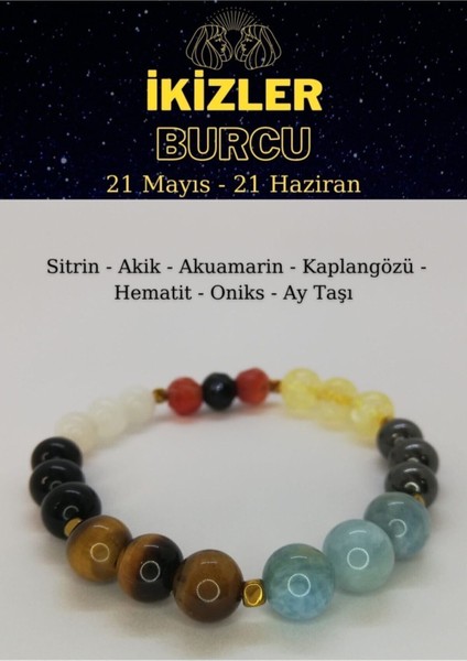 Ikizler Burcu Bilekliği Akik, Sitrin, Akuamarin, Kaplangözü, Hematit, Oniks, Aytaşı