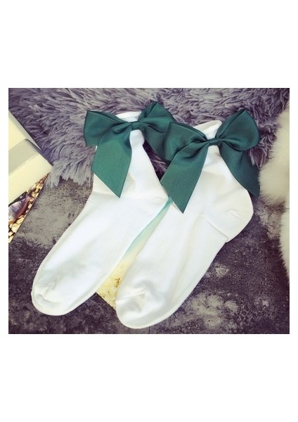 Beyaz ve Yeşil Tarzı 1 Çift Kadın Şirin Çorap Saten Kurdele Yay Detay Lolita Kızlar Pamuk Kısa Ayak Bileği Klasik (Yurt Dışından)