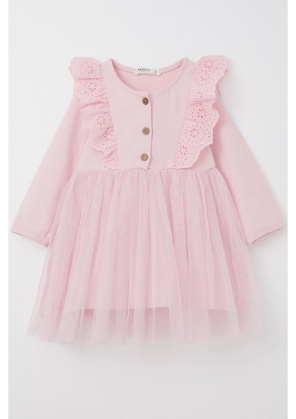 Kız Çocuk Uzun Kollu Elbise Tüllü Güpürlü 1.5-5 Yaş, Pembe