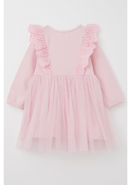 Kız Çocuk Uzun Kollu Elbise Tüllü Güpürlü 1.5-5 Yaş, Pembe