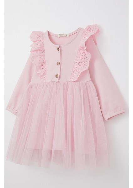Kız Çocuk Uzun Kollu Elbise Tüllü Güpürlü 1.5-5 Yaş, Pembe
