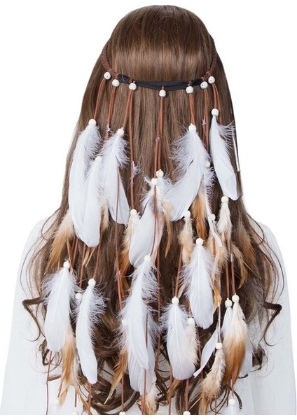 Beyaz Kahverengi Tüy Ipi Taç Bohem Dikiş Renkli Esnek Gypsy Festival Kadın Yaz Hint Saç Aksesuarları Ayarlanabilir Başbandı (Yurt Dışından)