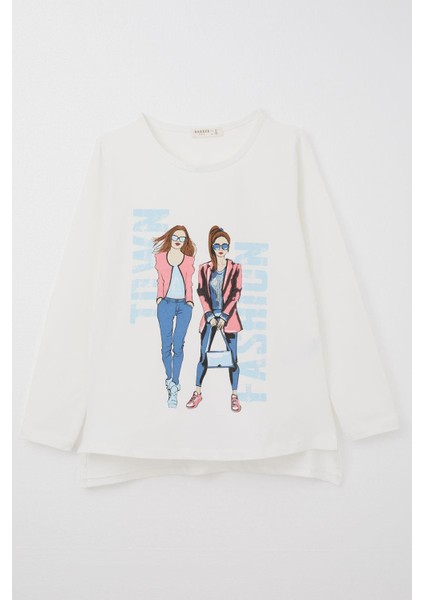 Kız Çocuk Uzun Kollu Tişört Moda Temalı Kız Baskılı 10-16 Yaş, Ekru