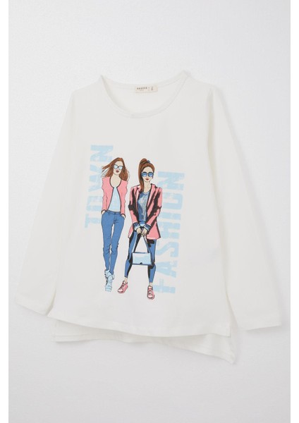Kız Çocuk Uzun Kollu Tişört Moda Temalı Kız Baskılı 10-16 Yaş, Ekru modelleri