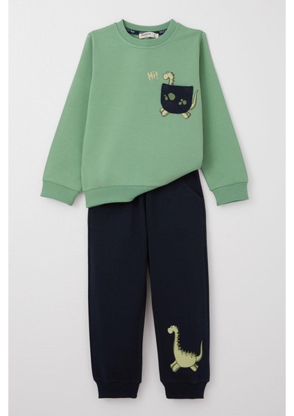 Erkek Çocuk Eşofman Takım Sevimli Dinozor Baskılı 1-4 Yaş, Mint Yeşili