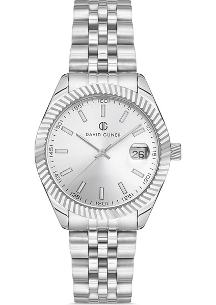 Davıd Guner Gümüş Kaplama Gümüş Kadranlı Takvim Fonksiyonlu Paslanmaz Masif Çelik Kadın Kol Saati