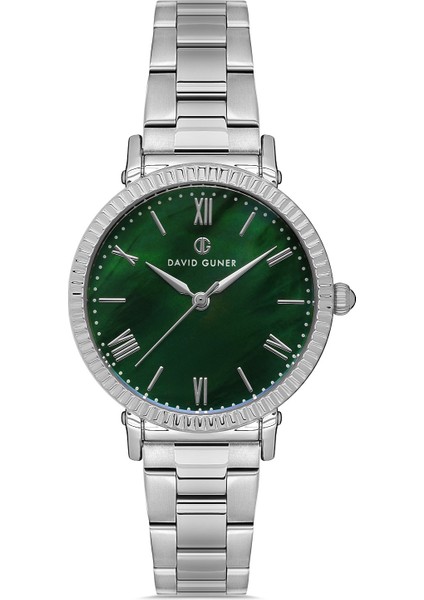 Davıd Guner Yeşil Kadranlı Gümüş Düz Paslanmaz Masif Çelik Kadın Kol Saati